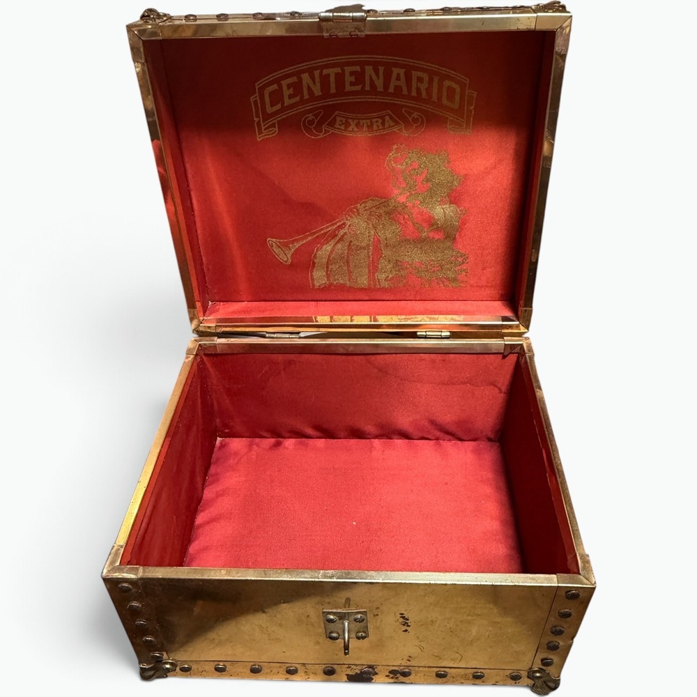 Vintage Centenario Brass Clad Trunk Red Satin Lined Chest Whimsigoth Decor Rum